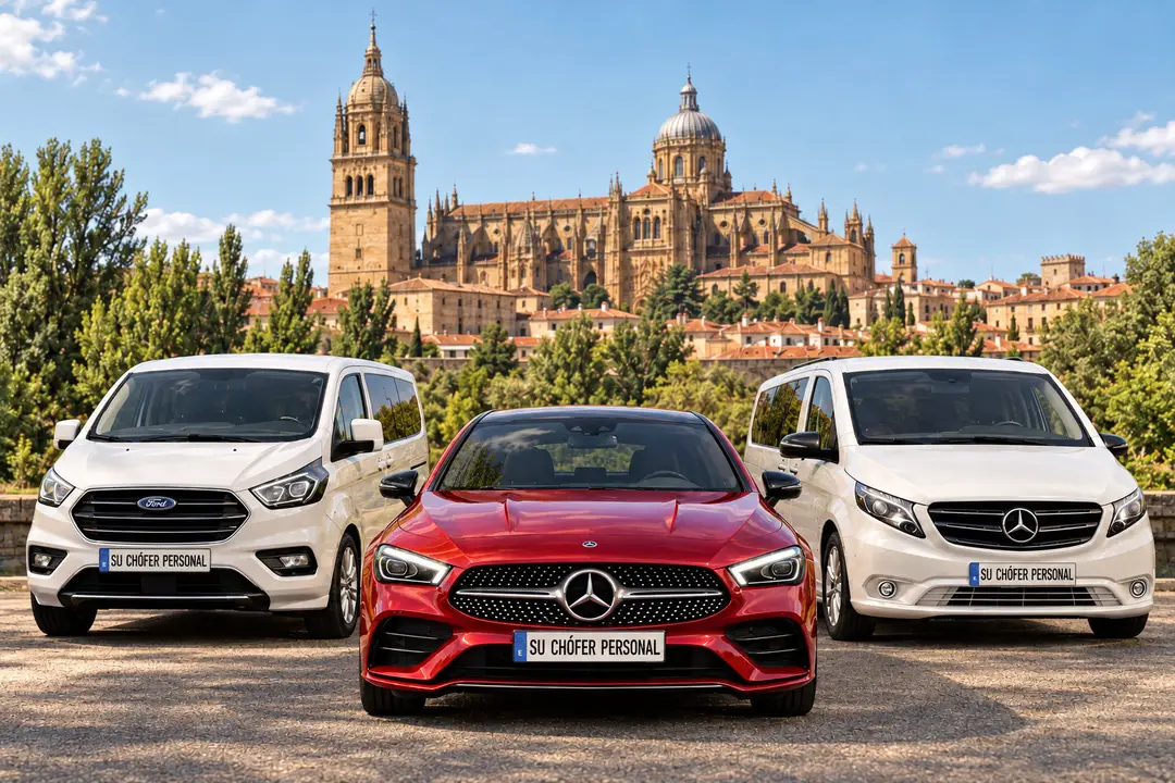 Ford Tourneo Custom, Mercedes CLA y Mercedes Vito frente a la Catedral de Salamanca