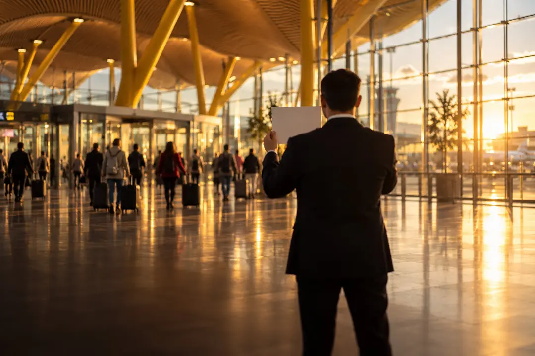 Chauffeur mit Namensschild in der Ankunftshalle von Terminal 4 am Flughafen Madrid-Barajas