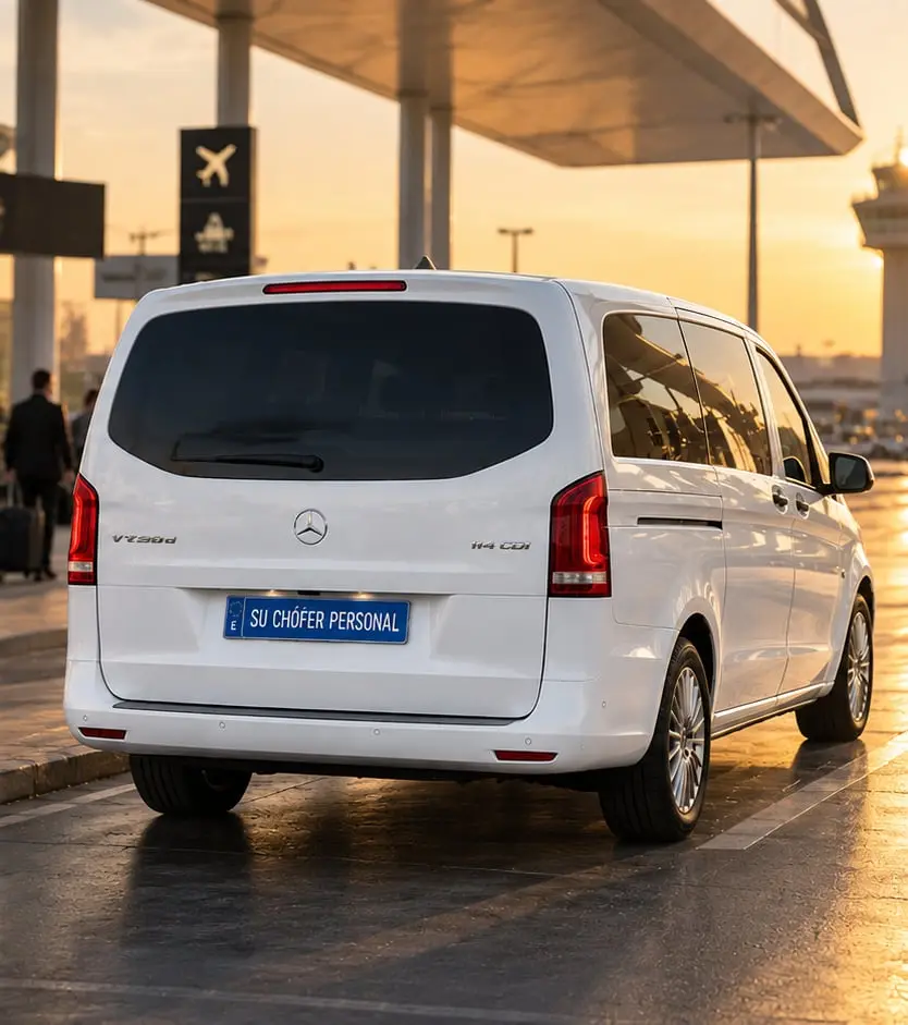 Mercedes Vito blanca vista desde atrás, aparcada ante la terminal del aeropuerto